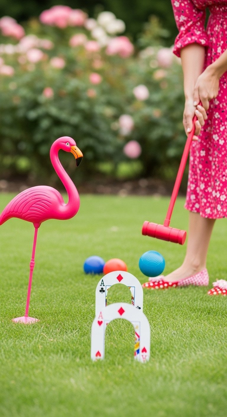 Brilliant Mad Hatter Tea Party Ideas For A Whimsical Event 9 Whimsical lawn croquet game using a pink flamingo as a mallet and playing cards as wickets on a green lawn.