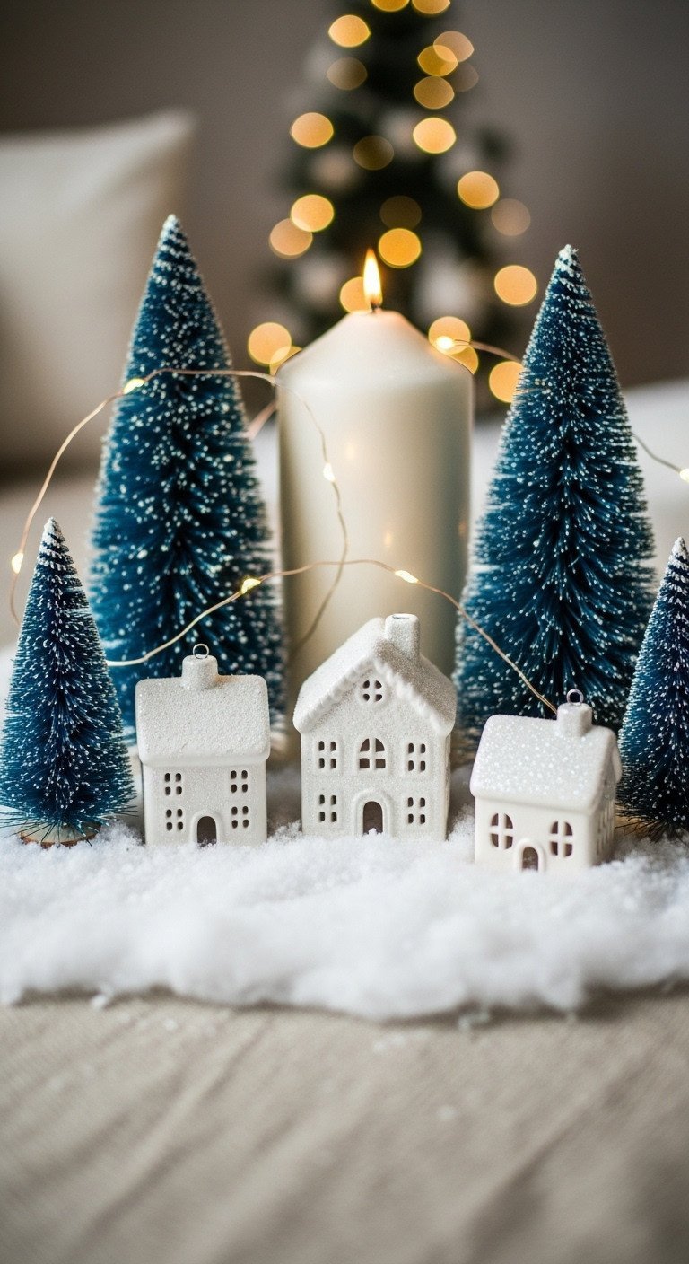 Whimsical miniature winter wonderland village with glittery white houses, blue trees, LED lights on fluffy snow.