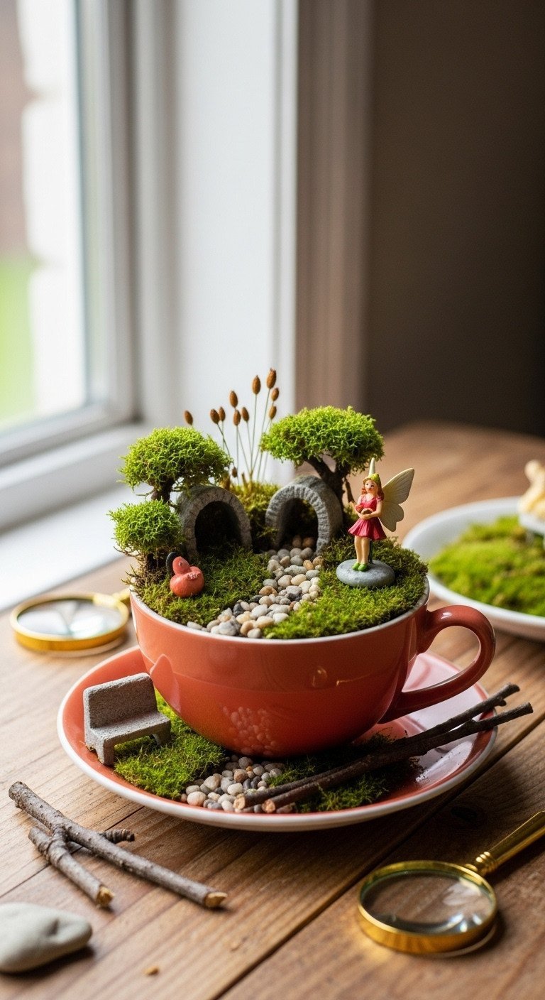 11 Tea Cup Upcycle Ideas Master China Drilling and Permanent Bonds 11 Whimsical teacup fairy garden with moss, pebbles, and a miniature fairy figurine, creating a charming tiny landscape.
