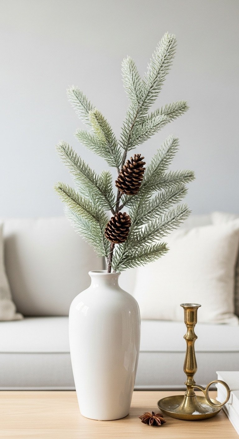 White ceramic vase with a large faux frosted pine branch and pinecones on a light wood table. Minimalist winter decor.