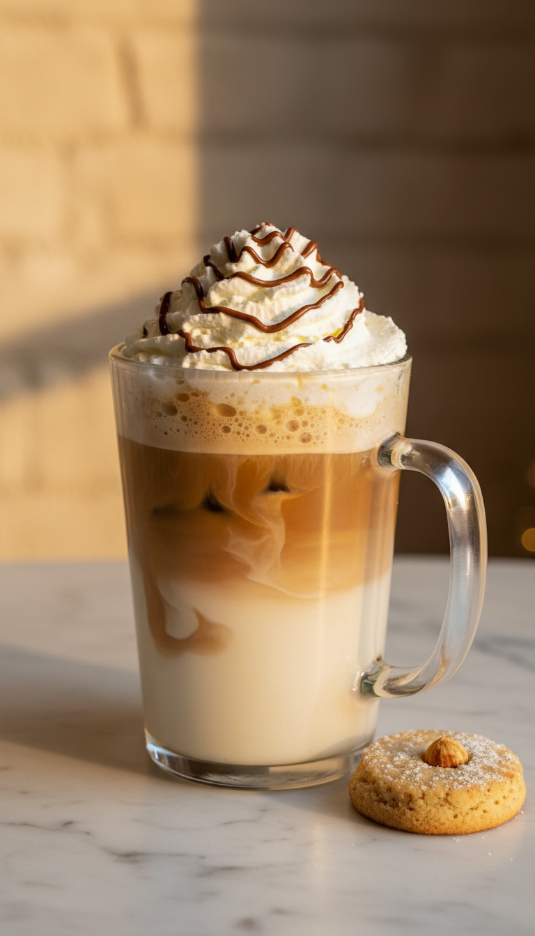 Your Essential Dunkin Hazelnut Iced Coffee Order Guide 7 White chocolate hazelnut iced coffee, layered with whipped cream, chocolate drizzle on marble counter with cookie.