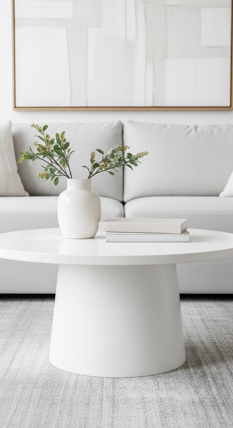 White circular minimalist pedestal coffee table anchoring a contemporary living room with a gray rug and neutral books.