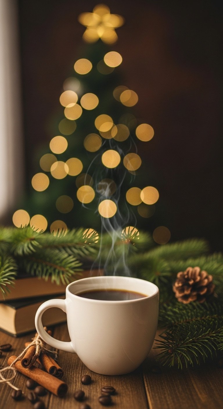 White coffee mug with fresh-brewed coffee, sharp focus, blurred Christmas tree lights bokeh background, cozy festive scene.