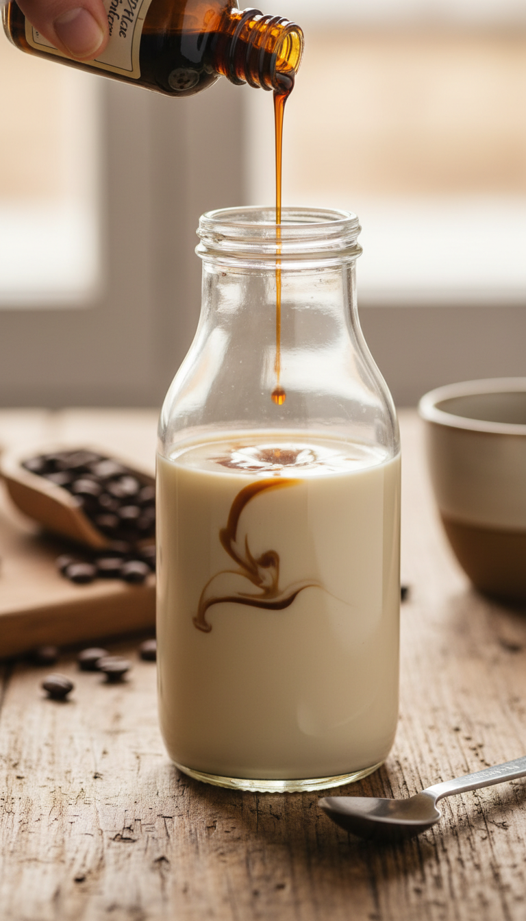 Homemade White Mocha Coffee Syrup: Starbucks Copycat Recipe 5 White mocha sauce pouring into a glass syrup bottle on a rustic wooden table, with dark vanilla extract drops added.