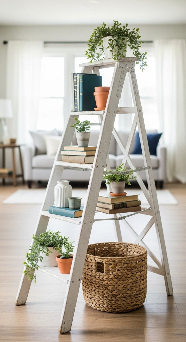 White painted old wooden step ladder upcycled into a charming bookshelf displaying books, potted plants, and decor in a living room.