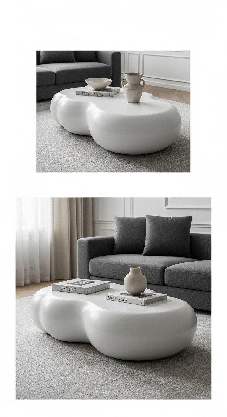 White sculptural cloud coffee table, high-gloss lacquer, in a luxurious minimalist living room with deep gray sofa and art book.