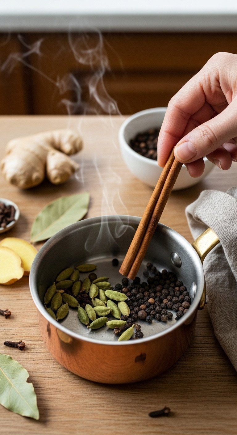The Perfectly Balanced Dirty Chai Latte A Simple Homemade Recipe 1 Whole cinnamon stick, green cardamom, cloves, black peppercorns toasting in a copper pan on a rustic wooden table.
