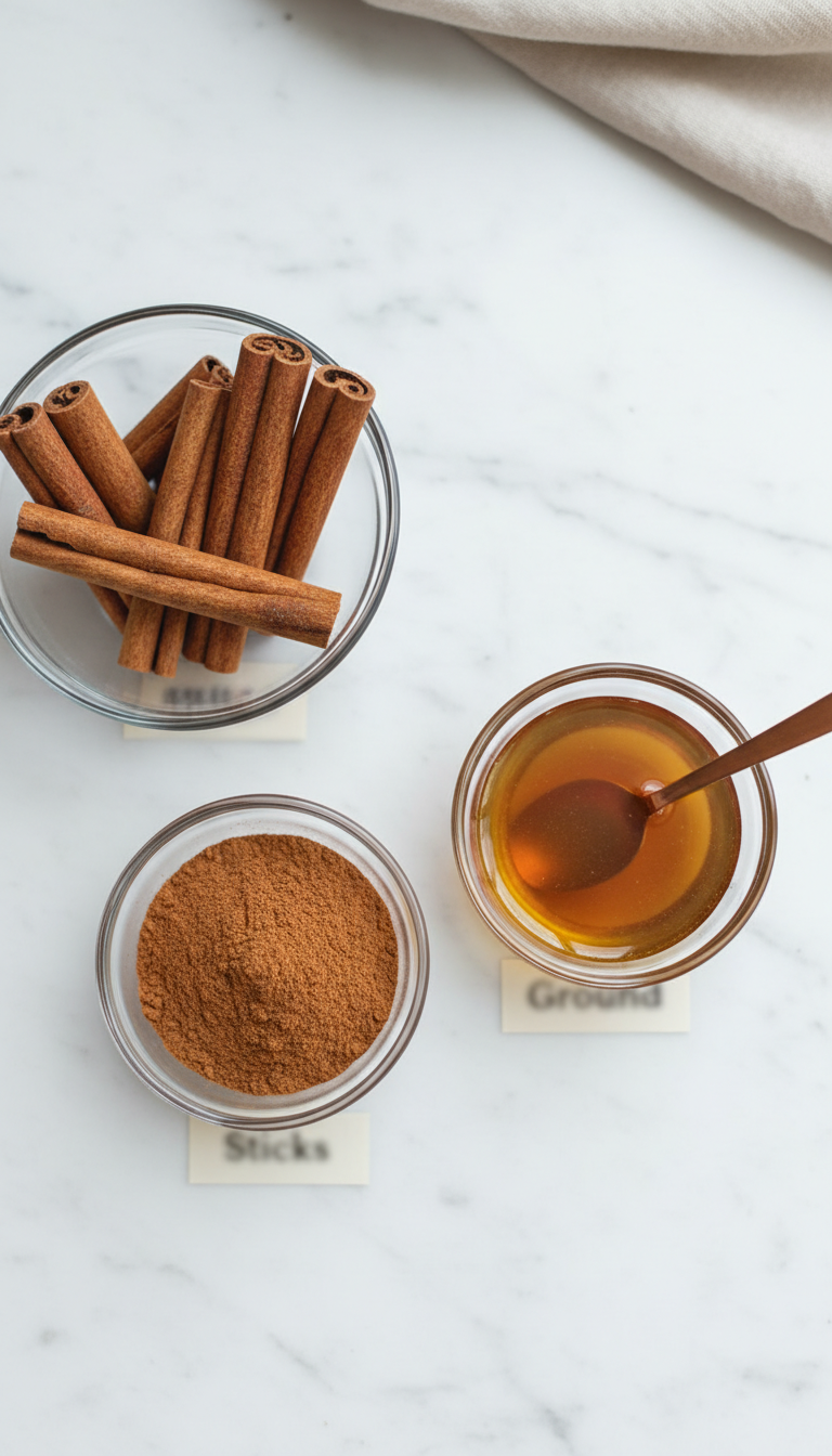 Homemade Cinnamon Coffee Syrup: Starbucks Copycat 3 Whole cinnamon sticks and ground cinnamon powder bowls next to golden cinnamon simple syrup, showcasing spice infusion ingredients.