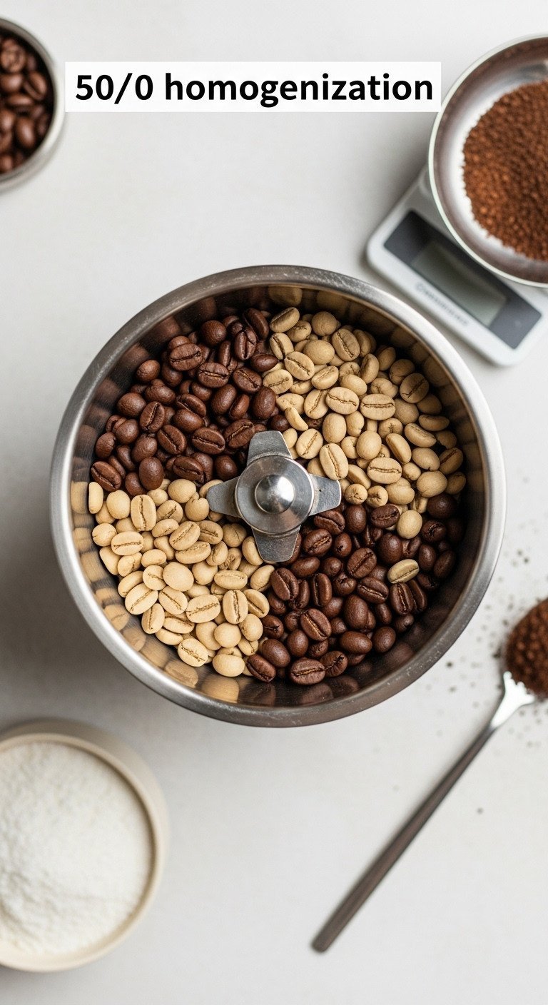 7 Secrets To Perfect Half Caff Coffee Jitters Free 7 Whole regular and decaf coffee beans, a 50/50 blend, mixing in a stainless steel bowl with a scale and spoon.