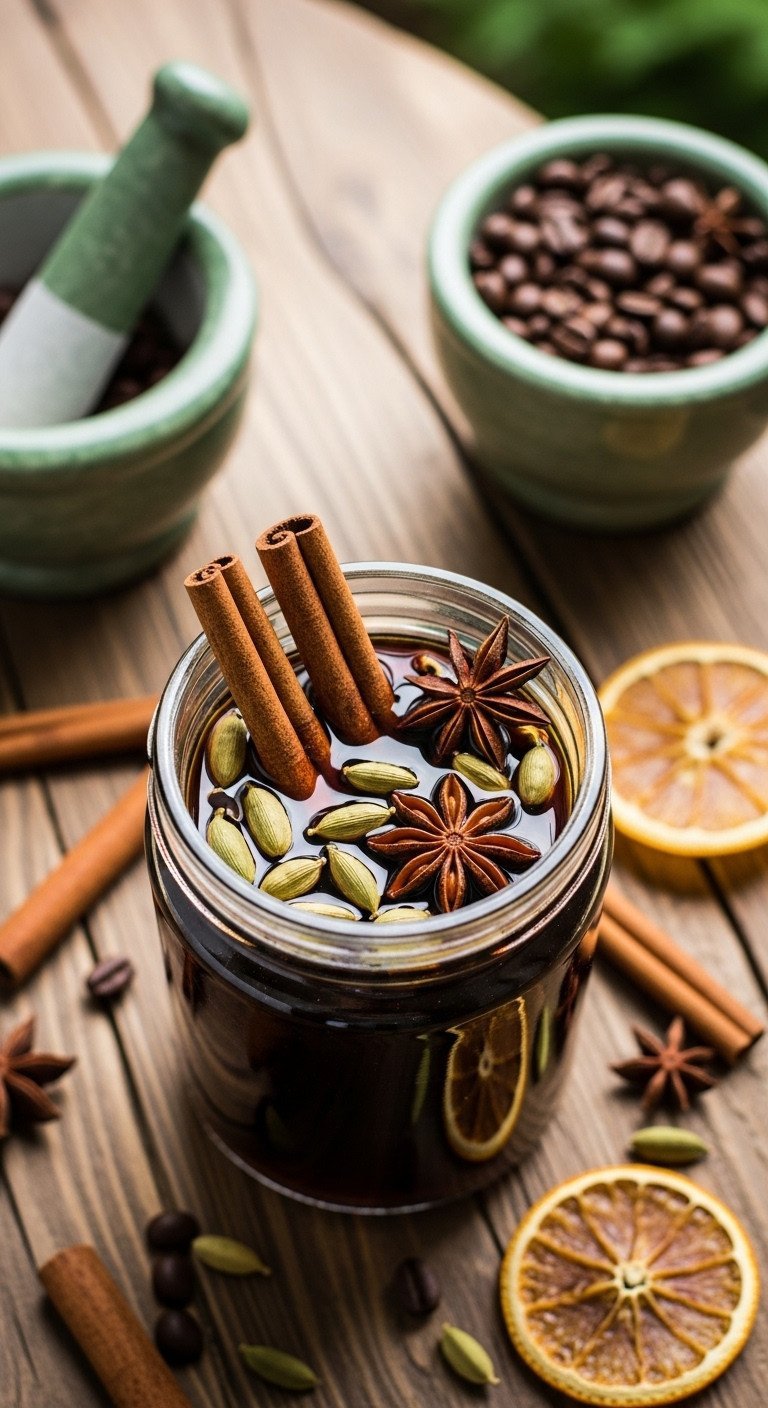 7 Essential Coffee Liqueur Hacks for Better Cocktails 11 Whole spices like cinnamon, star anise, cardamom infusing in dark coffee liqueur on rustic wooden table.