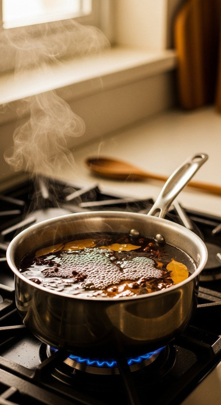 Cozy Chai Tea Latte Recipe That Tastes Better Than A Cafe 3 Whole spices simmering in amber-colored water in a saucepan over a gas stove's blue flame, with steam rising in a cozy kitchen.