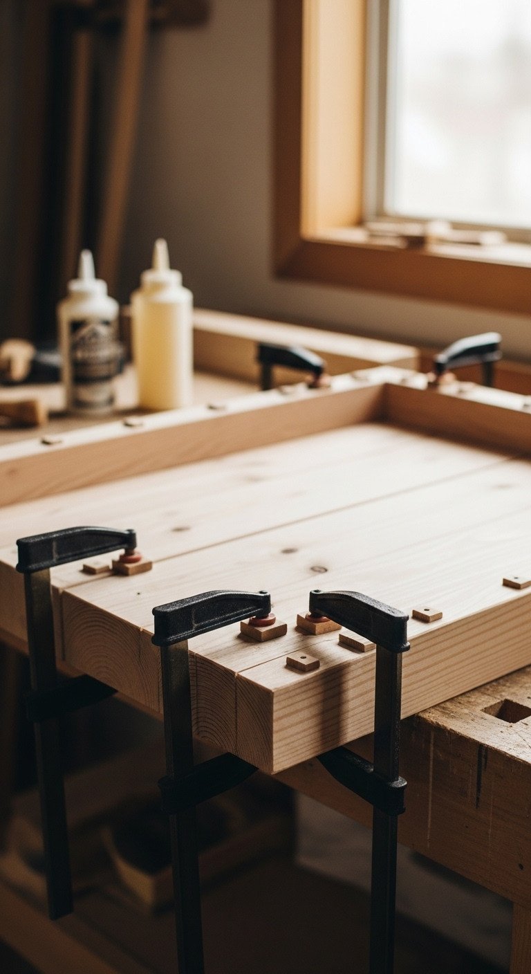 Wide lumber boards joined with wood biscuits and clamps form a smooth coffee table top. Woodworking project, DIY furniture.