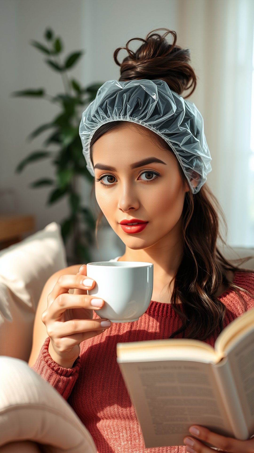 The Proven Coffee Hair Dye Recipe For A Natural Brown Tint 11 Woman with a shower cap covering her hair treatment relaxes on a sofa, reading a book and sipping tea in a cozy living room.