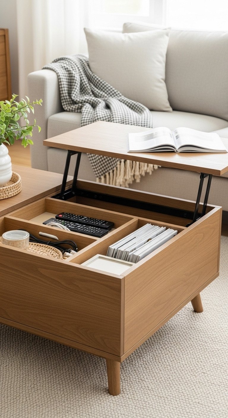 Wood lift-top square coffee table, partially open, showing organized hidden storage for remotes, cables, magazines. Functional living room.