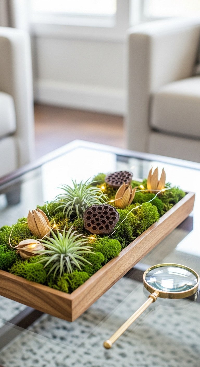 Wood tray with reindeer moss, fairy lights, air plants, seed pods for miniature winter landscape. Serene living room holiday decor.