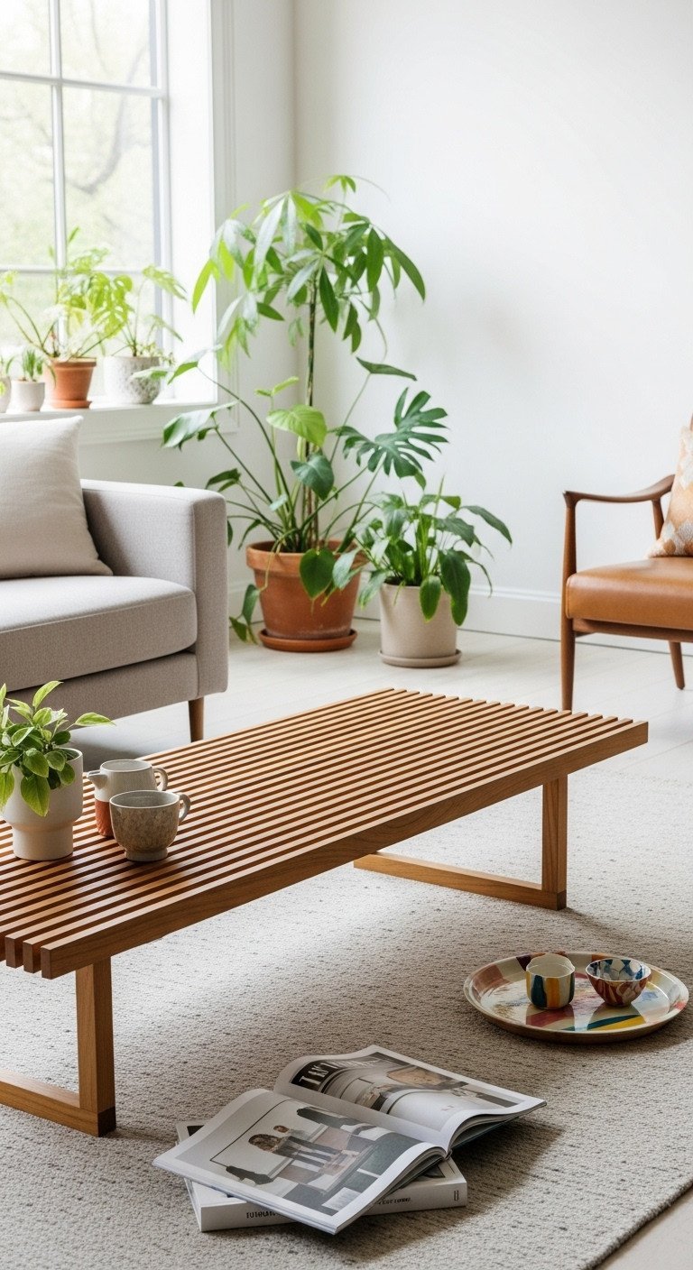 Find Stunning Mid-Century Modern Coffee Tables for Your Home 13 Wooden slatted platform bench coffee table, Nelson style, minimalist design, light-filled living room.