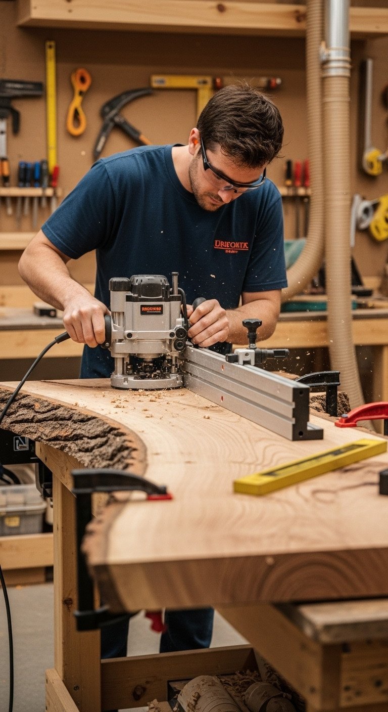 Woodworker flattening a large, rough live edge wood slab using a router sled in a professional workshop setting.