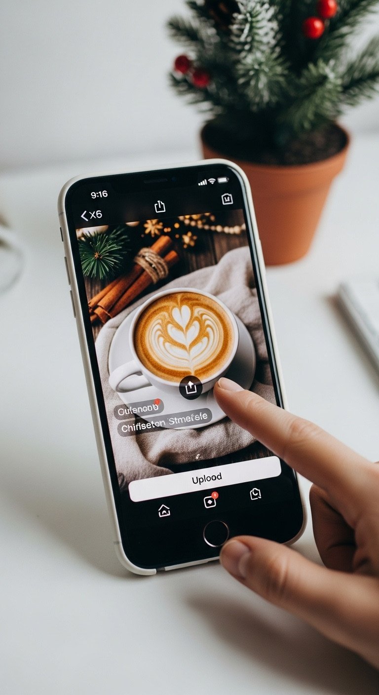 iPhone displaying TikTok/Instagram Reel of Christmas coffee aesthetic, milk swirling, finger poised on upload button.