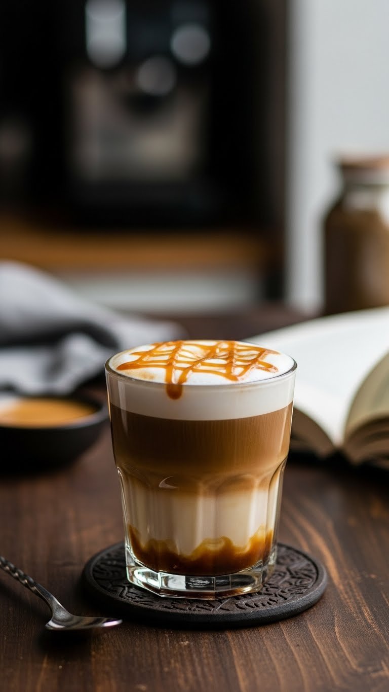 45-degree angle close-up of keto caramel macchiato with espresso layers and sugar-free caramel drizzle on dark wooden countertop