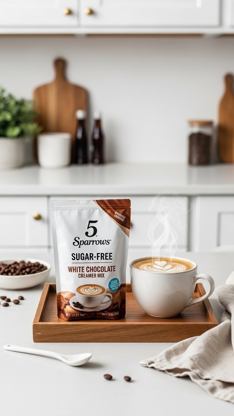 5 Sparrows Sugar-Free White Chocolate Creamer Mix bag displayed on rustic tray next to steaming coffee mug.