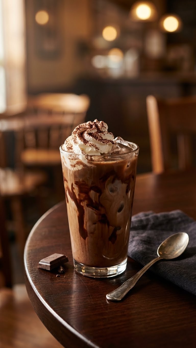 Protein Iced Coffee: 5 Genius Recipes & Pro Tips 9 A decadent iced mocha protein coffee with chocolate swirl, whipped cream, and cocoa on a dark wooden table in a cafe setting.