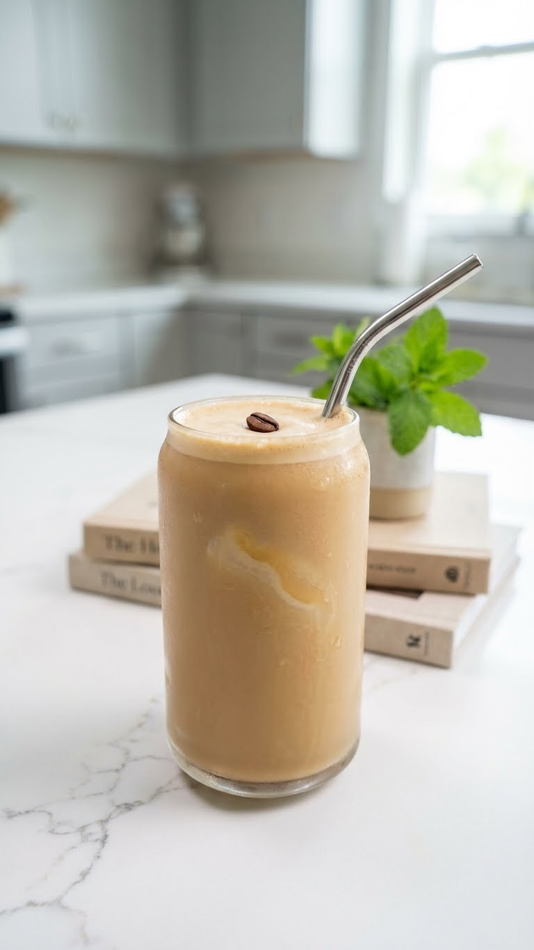 Protein Iced Coffee: 5 Genius Recipes & Pro Tips 3 A frosted glass of creamy vanilla protein iced coffee with a subtle ripple and coffee bean on a marble counter in a modern kitchen.