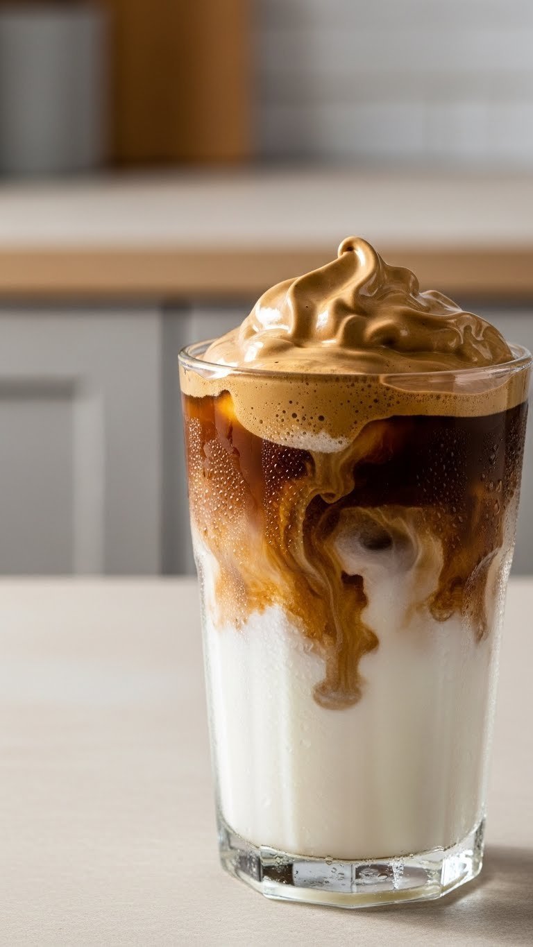 Whipped Coffee Large Batch Recipe for Freezing All Week 9 A glass of cold milk topped with a scoop of thawed, airy whipped coffee gently melting into the beverage.