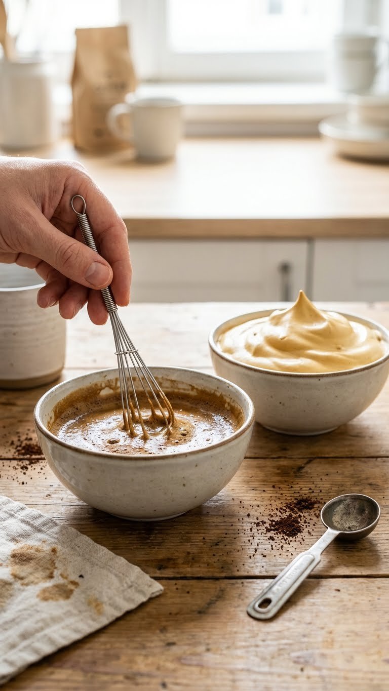 Ground Coffee Whipped: 9 Essential Tips for Dalgona Foam 17 A hand whisks runny coffee next to perfectly whipped coffee foam in bowls on a rustic table.