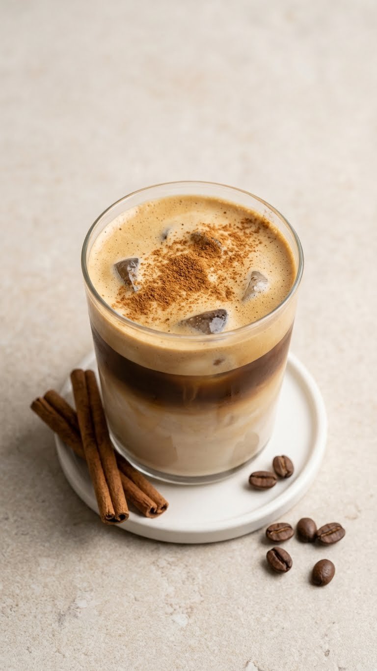 Protein Iced Coffee: 5 Genius Recipes & Pro Tips 5 A layered vegan protein iced coffee with plant-based milk, frothy top, and cinnamon on a light stone surface with coffee beans.