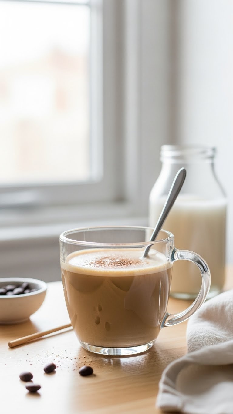 Easy Premier Protein Coffee Recipes: 11 Delicious Drinks 11 A perfectly mixed, creamy two-ingredient Premier Protein coffee in a minimalist mug on a light natural wood surface.