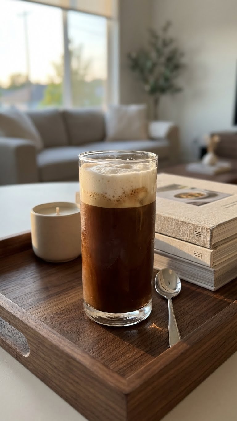 Protein Iced Coffee: 5 Genius Recipes & Pro Tips 7 A rich, deep brown keto protein iced coffee with foamy cream on a dark wooden tray in a contemporary living room.