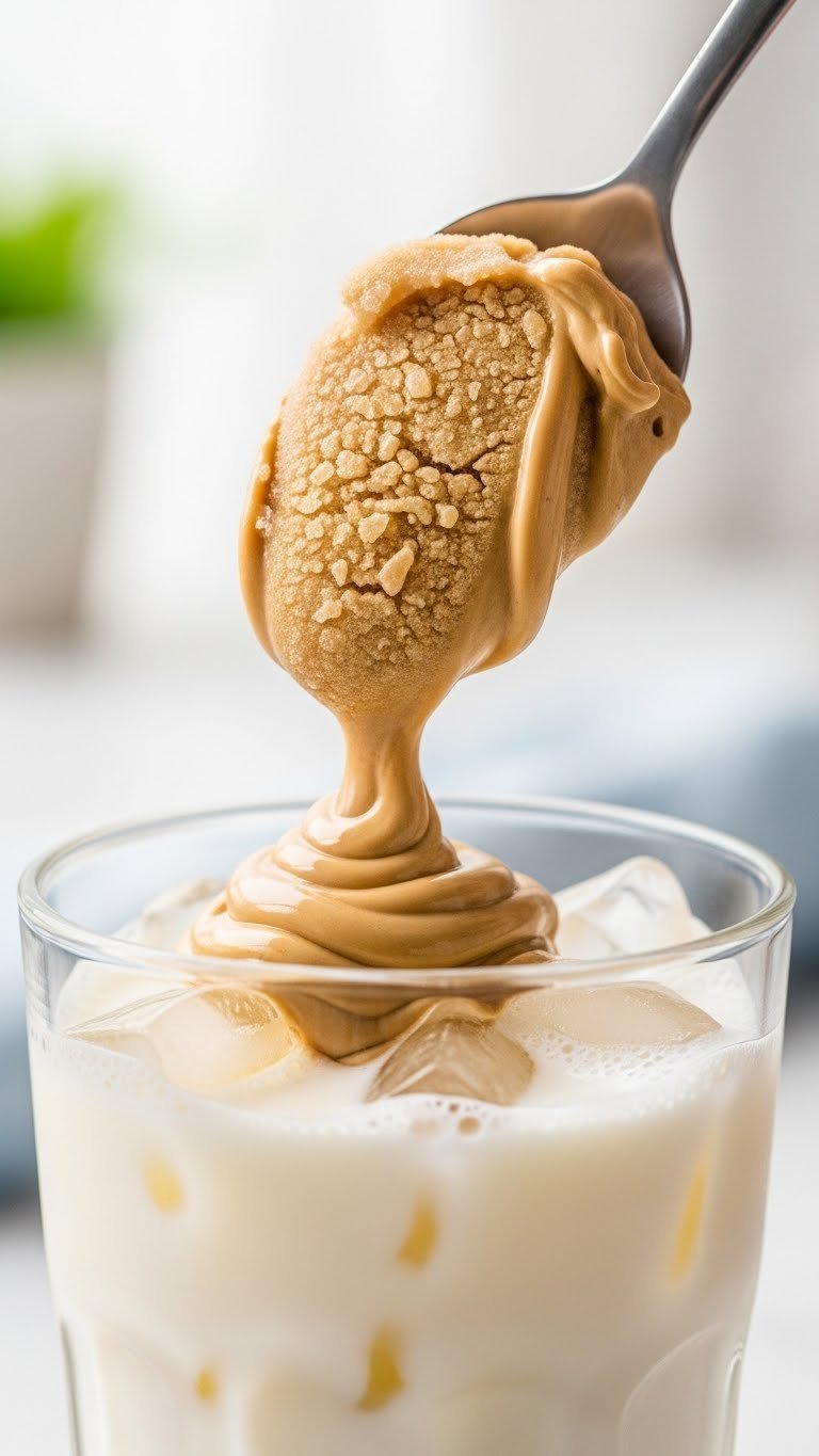 Whipped Coffee Meal Prep Proven Make Ahead Method for Busy Mornings 11 A spoon scoops frozen whipped Dalgona coffee onto a refreshing glass of iced milk, shown at a 45-degree angle.