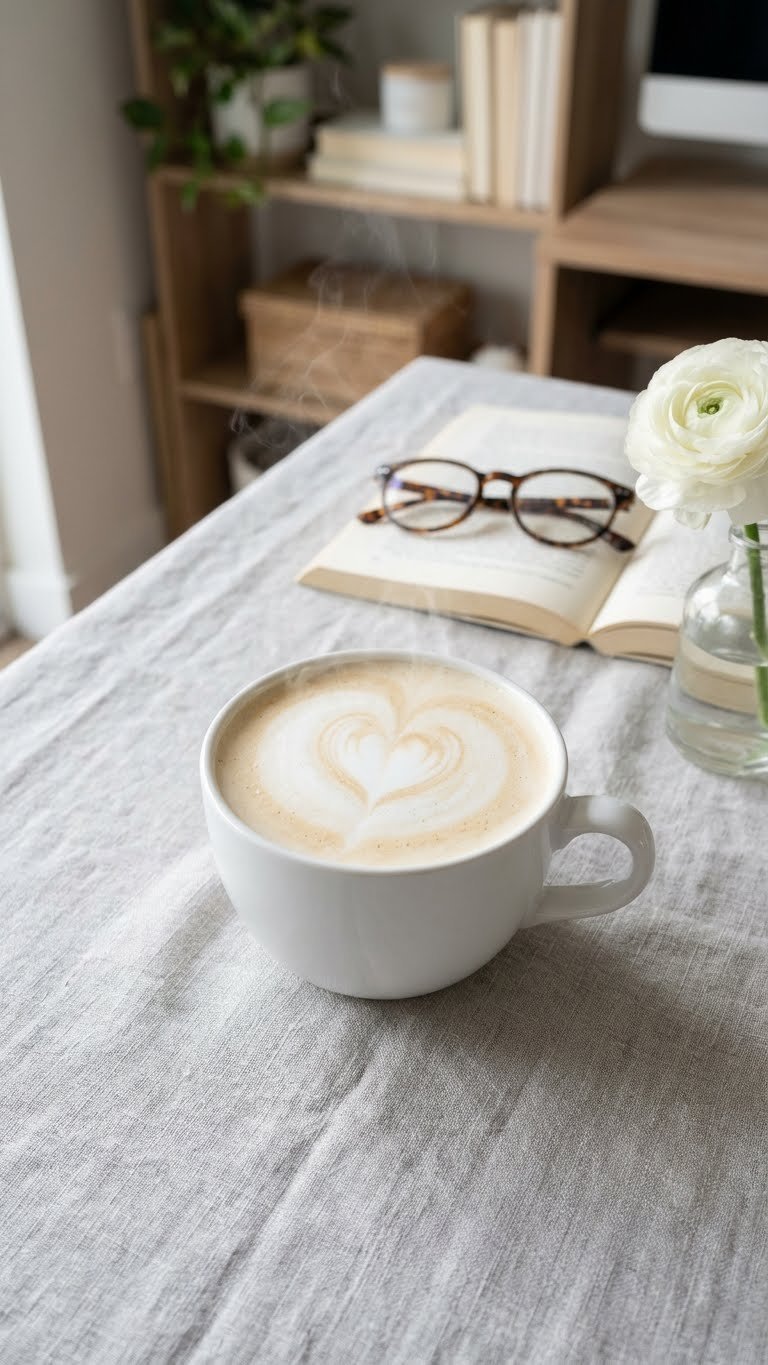Protein Coffee Starbucks: 5 Healthy & Customizable Drinks 7 A steaming hot vanilla protein latte with heart latte art in a white ceramic mug on a grey linen tablecloth in a home office.