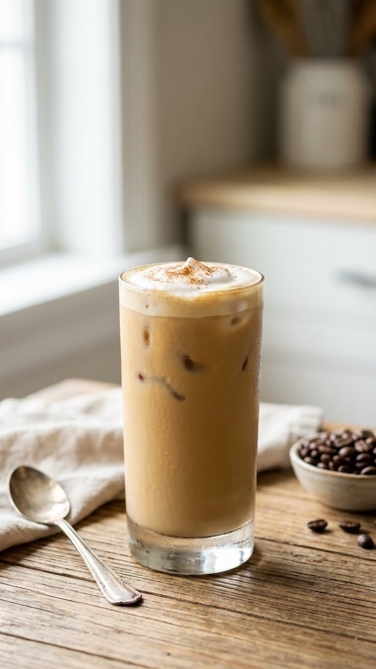 Protein Iced Coffee: 5 Genius Recipes & Pro Tips 1 A tall glass of creamy protein iced coffee with frothed milk, ice, and condensation on a rustic wooden table with coffee beans.