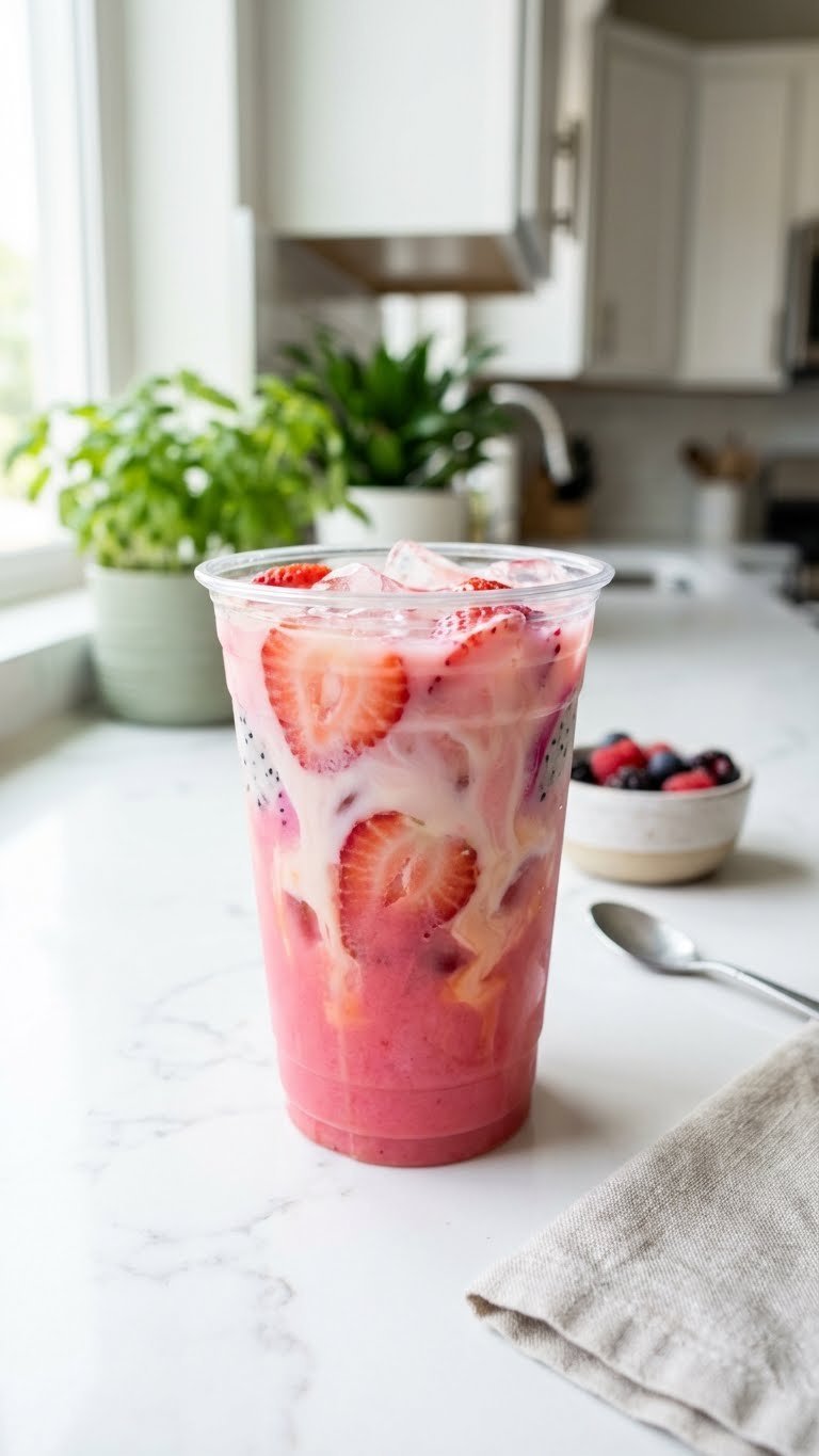 Protein Coffee Starbucks: 5 Healthy & Customizable Drinks 9 A vibrant DIY protein coffee refresher with fruit layers, milky swirl, and fresh berries in a cold cup on a marble counter.