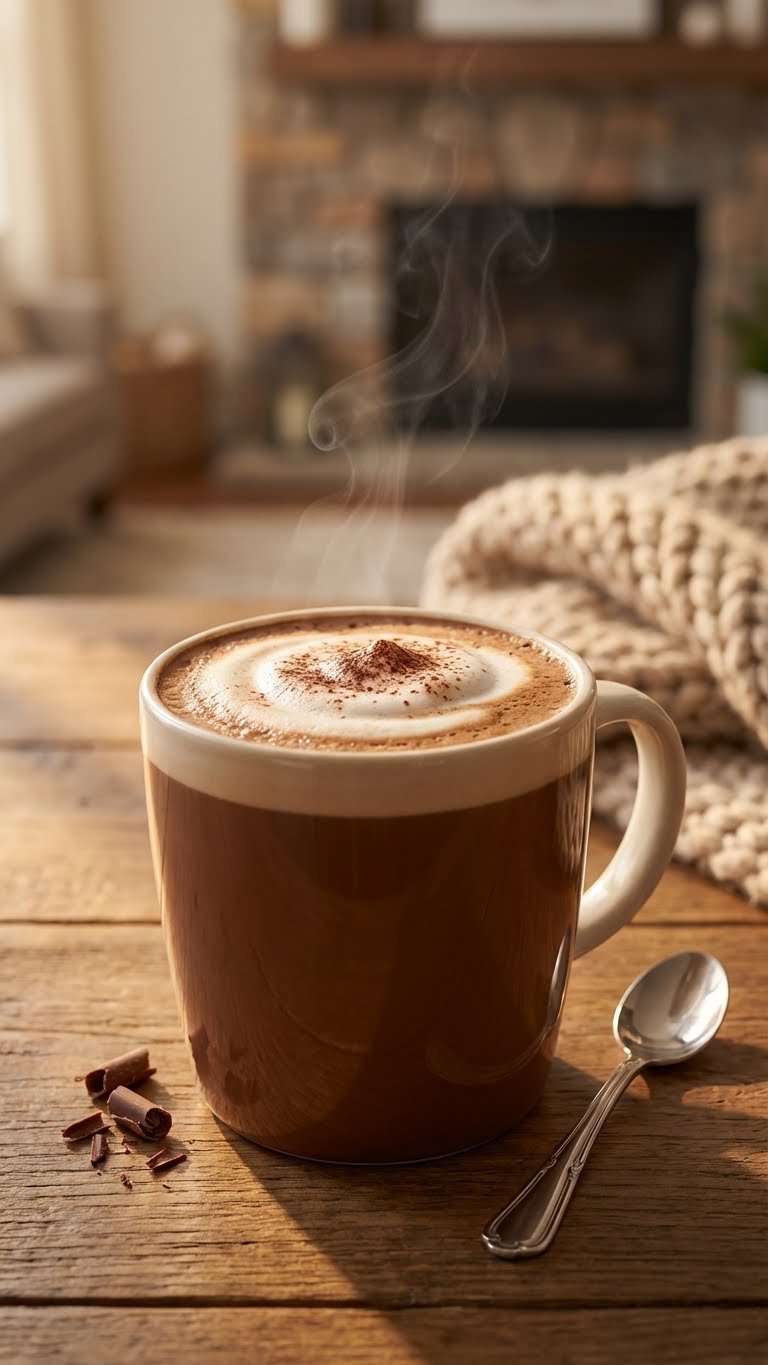 Protein Coffee Starbucks: 5 Healthy & Customizable Drinks 5 A warm, sugar-free mocha protein coffee in a ceramic mug with foam and cocoa dusting, on a rustic table in a cozy living room.