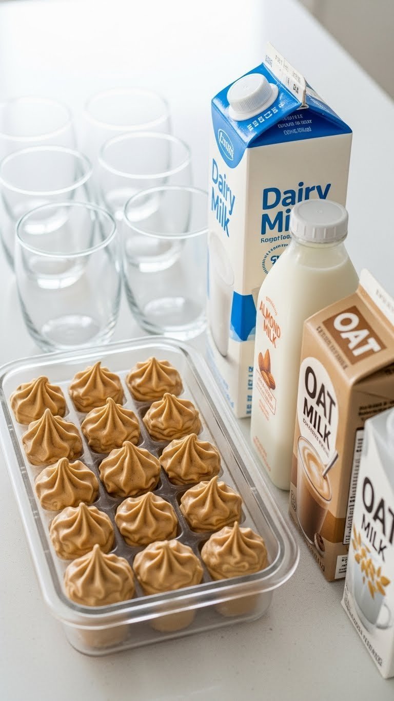 Whipped Coffee Large Batch Recipe for Freezing All Week 17 A weekly coffee prep setup features frozen whipped coffee portions, milk cartons, and glasses arranged neatly.