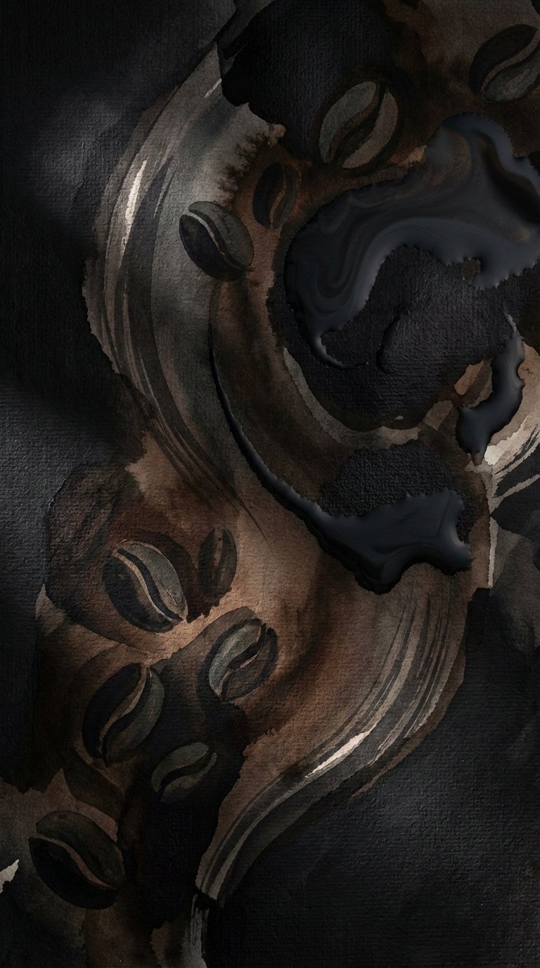 Abstract black coffee art with swirling liquid patterns on dark canvas creating artistic composition and movement