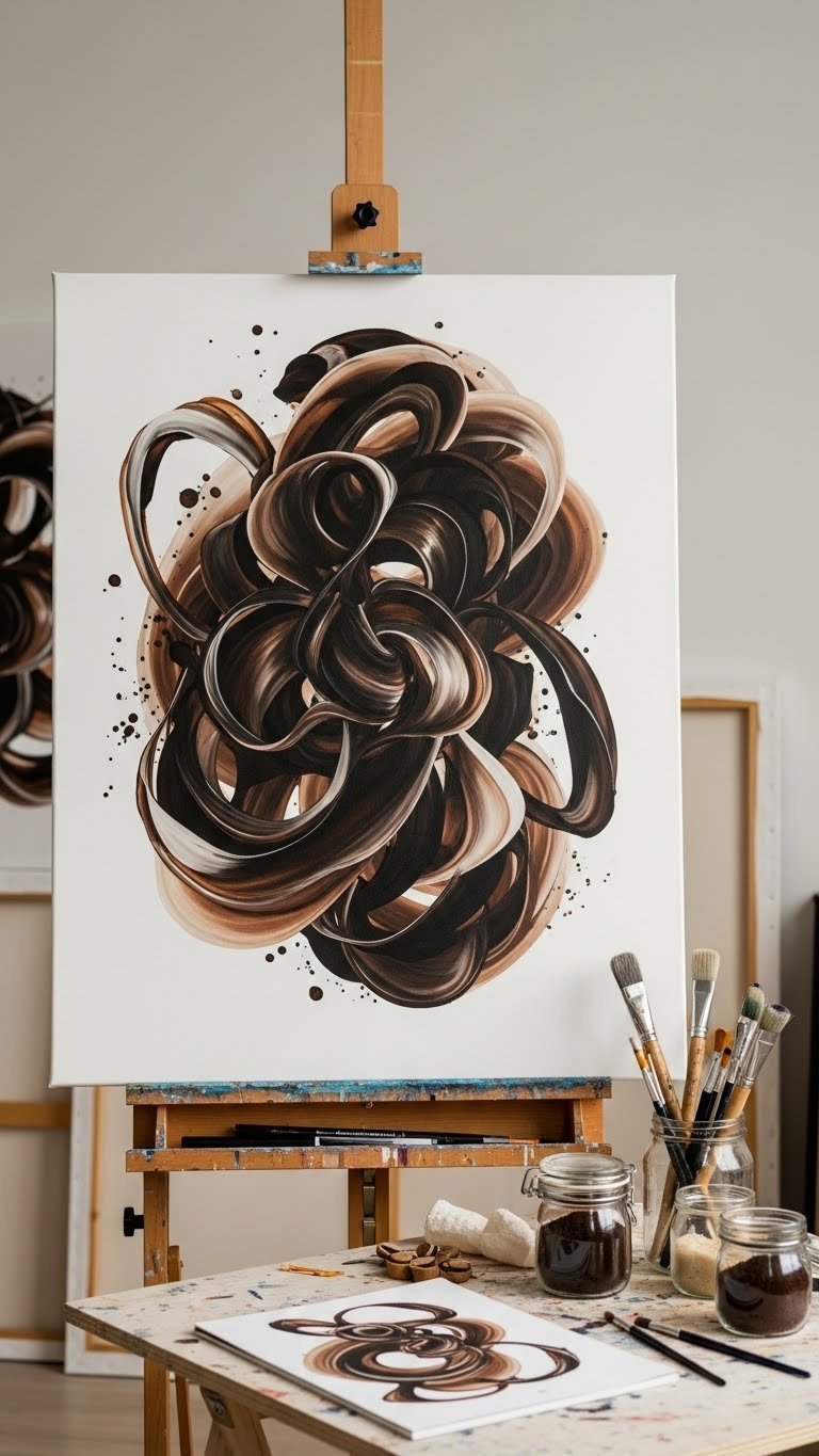 Abstract black coffee painting with fluid organic shapes on large canvas in bright artist's studio with brushes.
