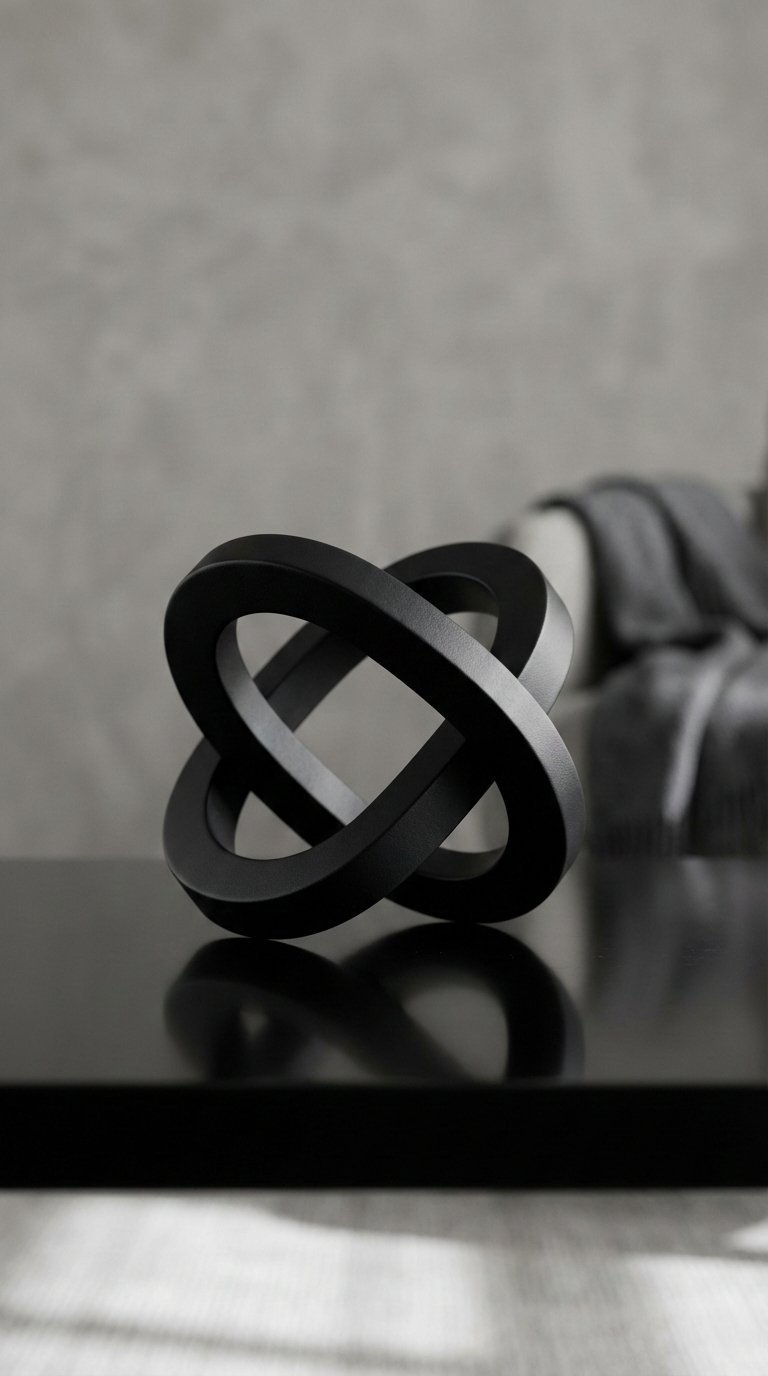 Abstract sculptural decorative object as minimalist statement piece on polished black coffee table with studio lighting