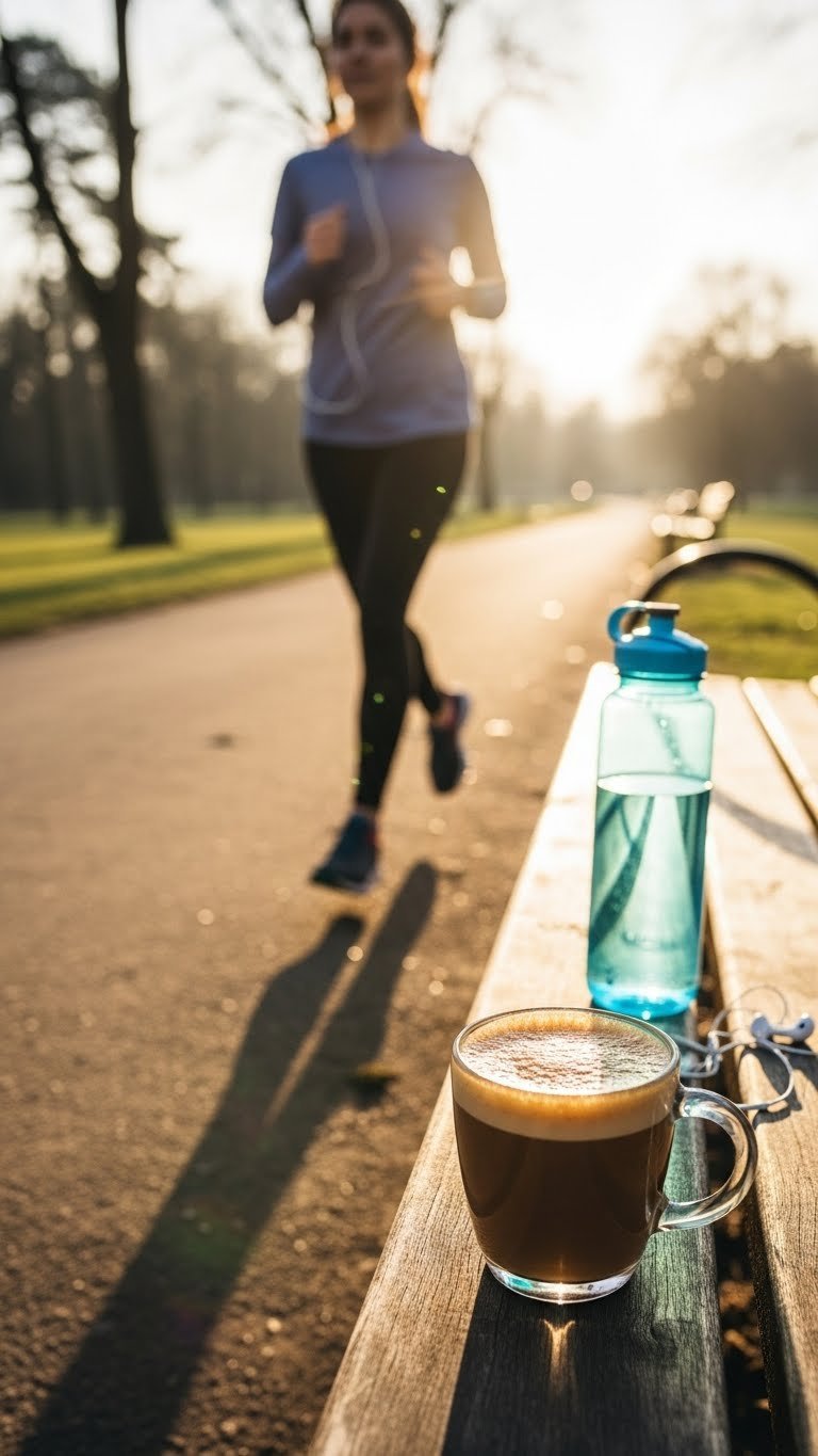 Active person running outdoors with frothy ghee coffee mug on park bench in early morning sunlight