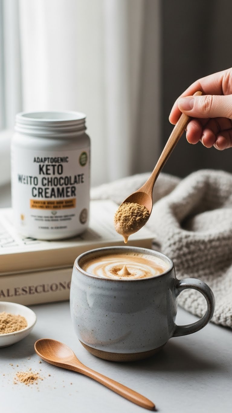 Adaptogenic keto white chocolate creamer being spooned into coffee mug with collagen powder visible nearby.