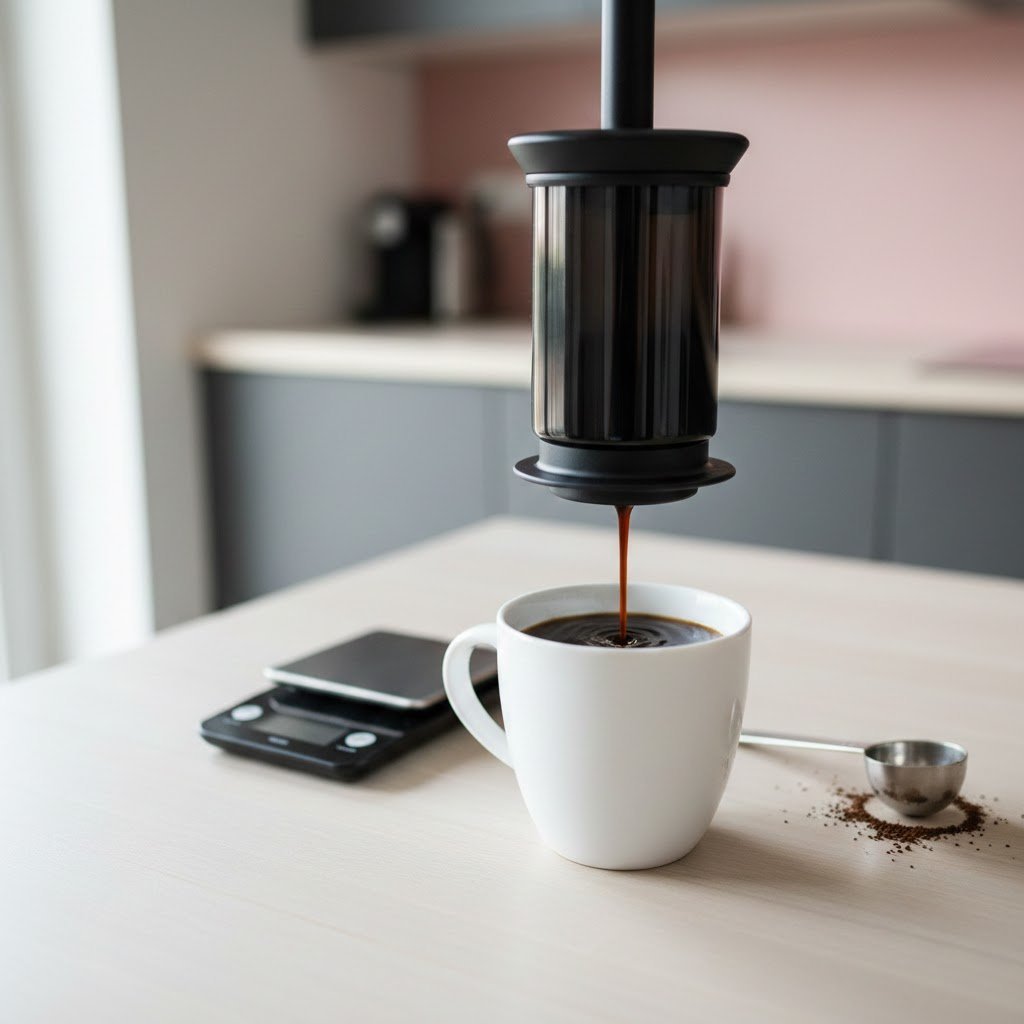 AeroPress black coffee brewing with plunger half-pressed dripping into clean white mug