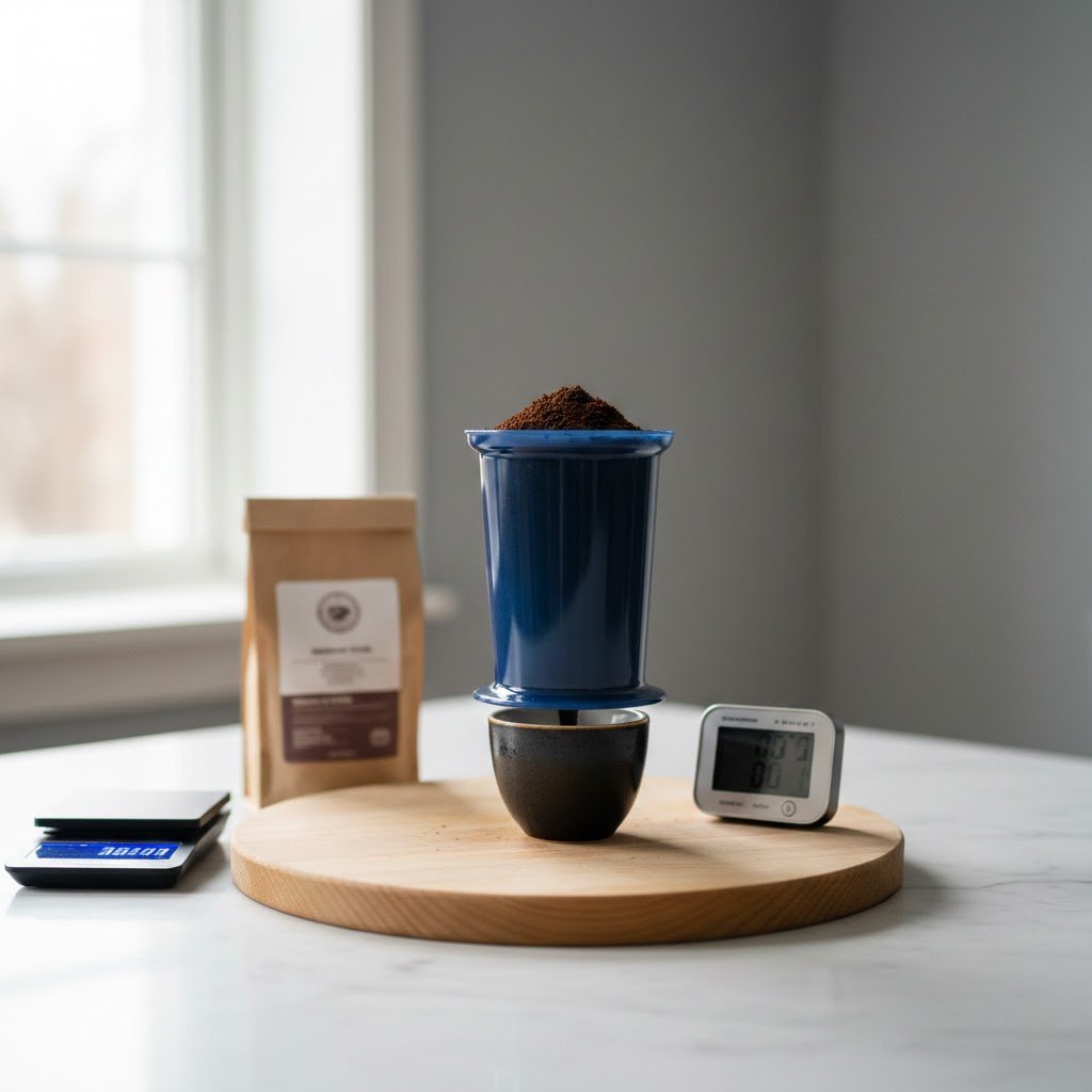 AeroPress coffee maker in inverted position with dark ground coffee ready for pressing on wooden cutting board