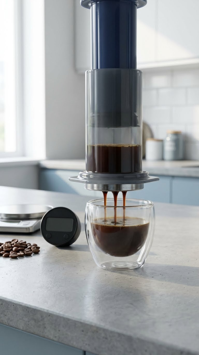 How to Make Whipped Coffee Without Instant: Proven Guide 9 Aeropress coffee maker pressing dark coffee concentrate into clear glass cup on minimalist countertop