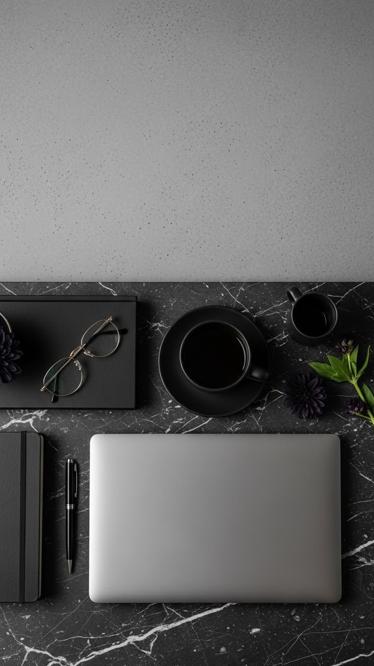 Aesthetic flat lay photo of dark laptop and ceramic coffee mug with minimalist props on marble surface