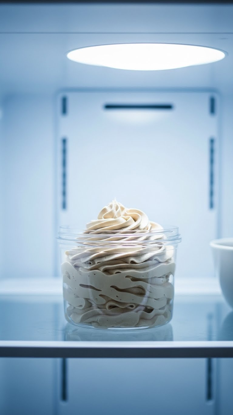 Whipped Coffee Buttercream Complete Guide Easy Light Fluffy Frosting 11 Airtight container filled with whipped coffee buttercream stored on shelf inside clean organized refrigerator interior.