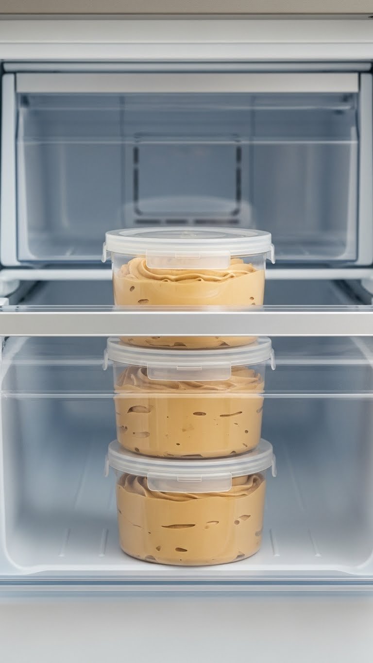 Whipped Coffee Large Batch Recipe for Freezing All Week 11 Airtight containers filled with whipped coffee are neatly stacked inside an organized freezer drawer for storage.