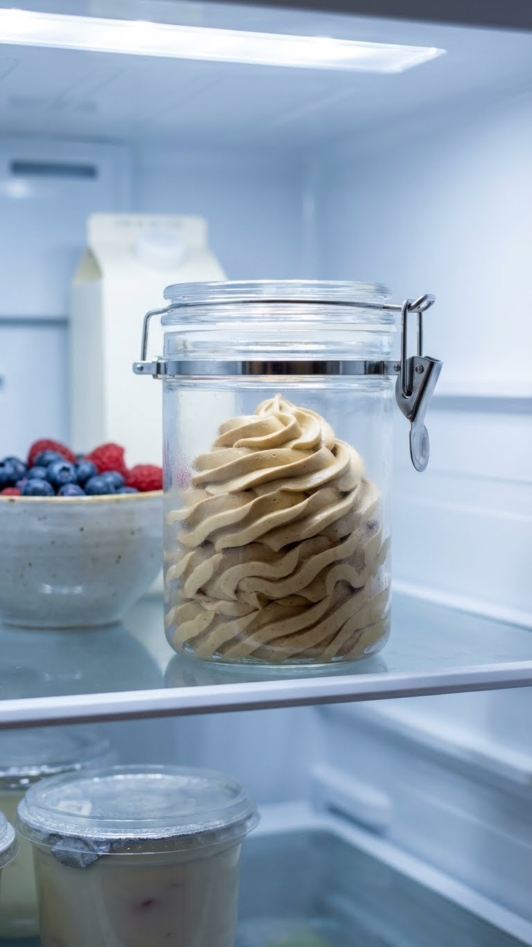 Airtight glass container filled with coffee whipped cream frosting stored in refrigerator