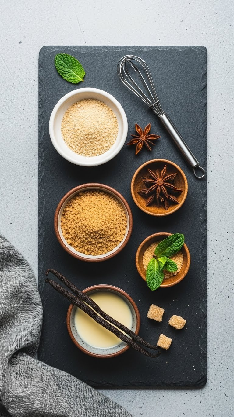 Alternative horchata syrup ingredients featuring monk fruit sweetener, brown sugar, star anise, and vanilla bean on dark stone surface